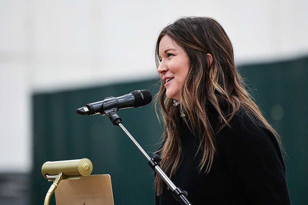 Dr. Emily Fleming, who served as a physician in the Air Force, speaks at the Veterans Day Community Event at Whitefish High School on Thursday, Nov. 9. (Casey Kreider/Daily Inter Lake)