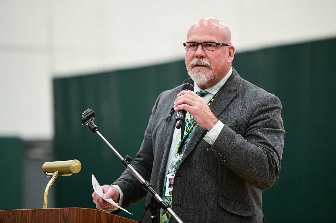 Whitefish High School principal Kerry Drown gives the opening remarks at the Veterans Day Community Event at Whitefish High School on Thursday, Nov. 9. (Casey Kreider/Daily Inter Lake)