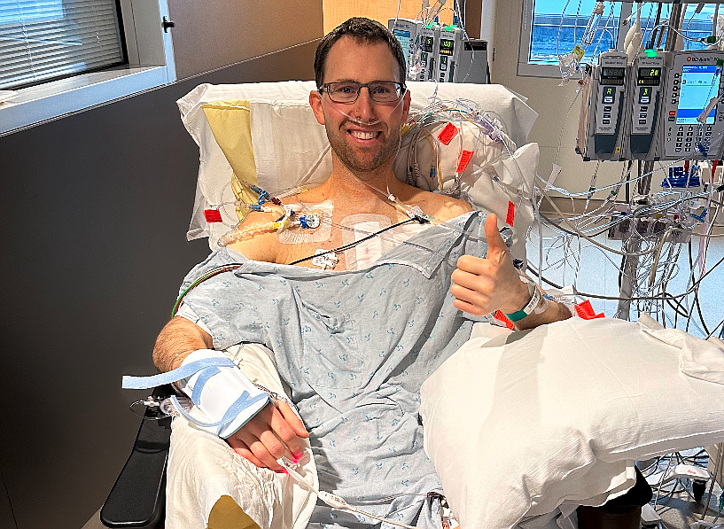 Post Falls dad, husband, physical therapist and heart transplant survivor Matt Hankes gives a thumbs up the morning after his surgery in February. Hankes is extremely grateful for the gift of a new heart to replace his old heart, which deteriorated after a lifelong serious condition.