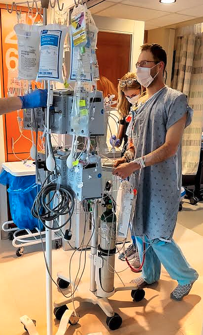 Matt Hankes of Post Falls takes his first walk in the hospital hallway in February after undergoing a heart transplant. He recently returned to work and is feeling great and grateful.