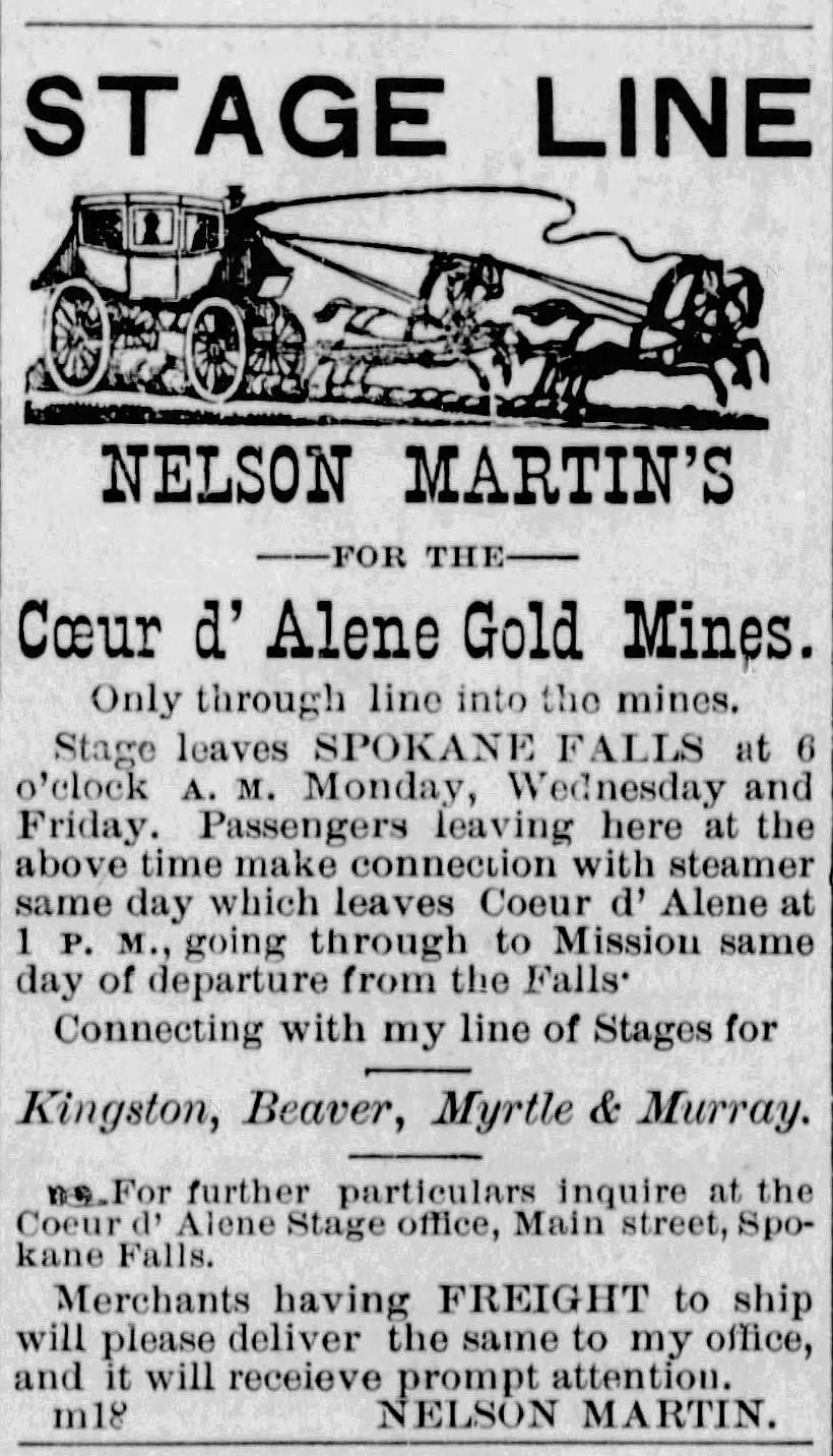 Nelson Martin’s Stage Line Advertisement, Spokane Evening Review, Oct. 7, 1885