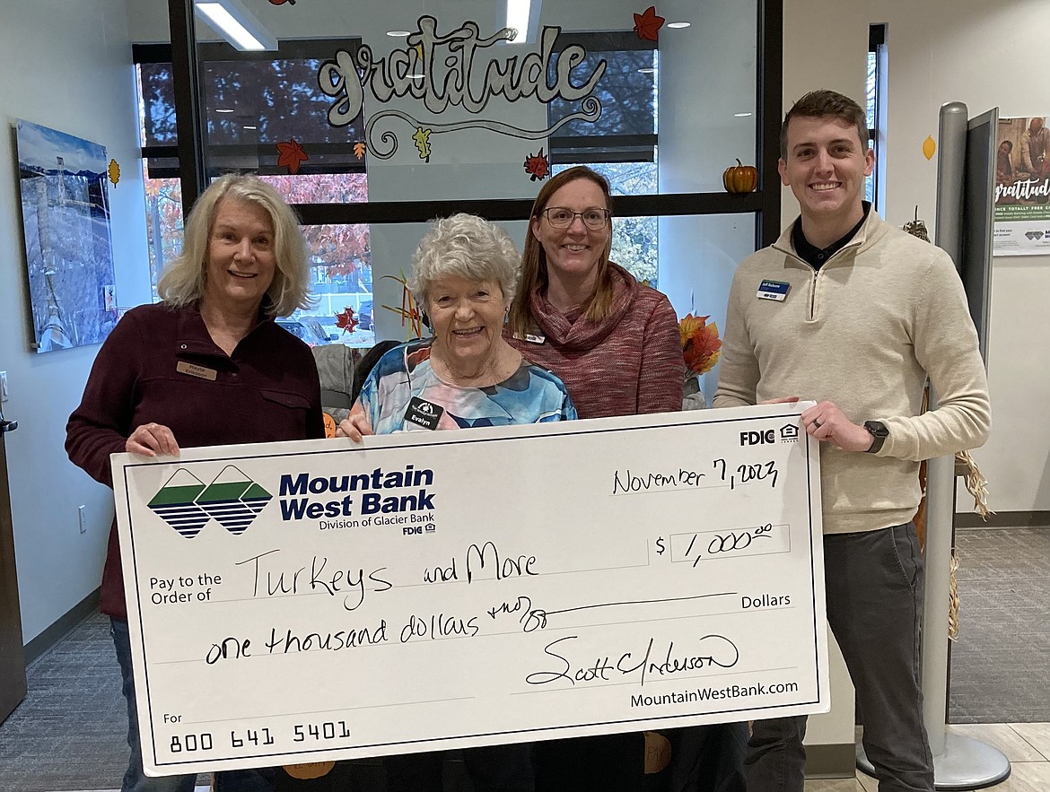 Mountain West Bank became a Platinum donor to help buy Thanksgiving turkeys for vulnerable families. Turkeys & More is very grateful for the $1,000 check. Founder Evalyn Adams said other recent donors not pictured have also helped to raise almost enough money to purchase the turkeys which will be distributed on Friday, Nov. 17. Other Platinum donors are: The 54 Foundation; Laurence Stone Group of Companies; Jan and Troy Tymesen; and anonymous. The CDA Kiwanis Club donated $1,500 to match the amount given by the Panhandle Kiwanis. Mayte Eriksson, Carolyn Joslin and Idaho Hand & Upper Therapy were recent $500 Gold donors. Adams encourages people who still want to help to mail donations to P.O. Box 267, Coeur d'Alene, ID 83816. She is willing to take phone calls at 208-765-5535 to answer any questions. Pictured from left: Turkey Committee Secretary Mayte Eriksson, Evalyn Adams; and Mountain West managers Treva Eismann and Jeff Rishsew.