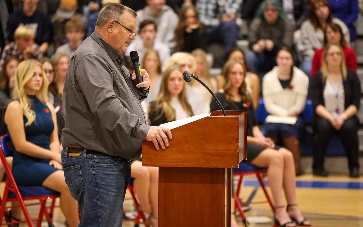 U.S. Sen. Jon Tester (D-Montana) marks Veterans Day at an assembly at Bigfork High School on Nov. 10. (Jeremy Weber/Daily Inter Lake)