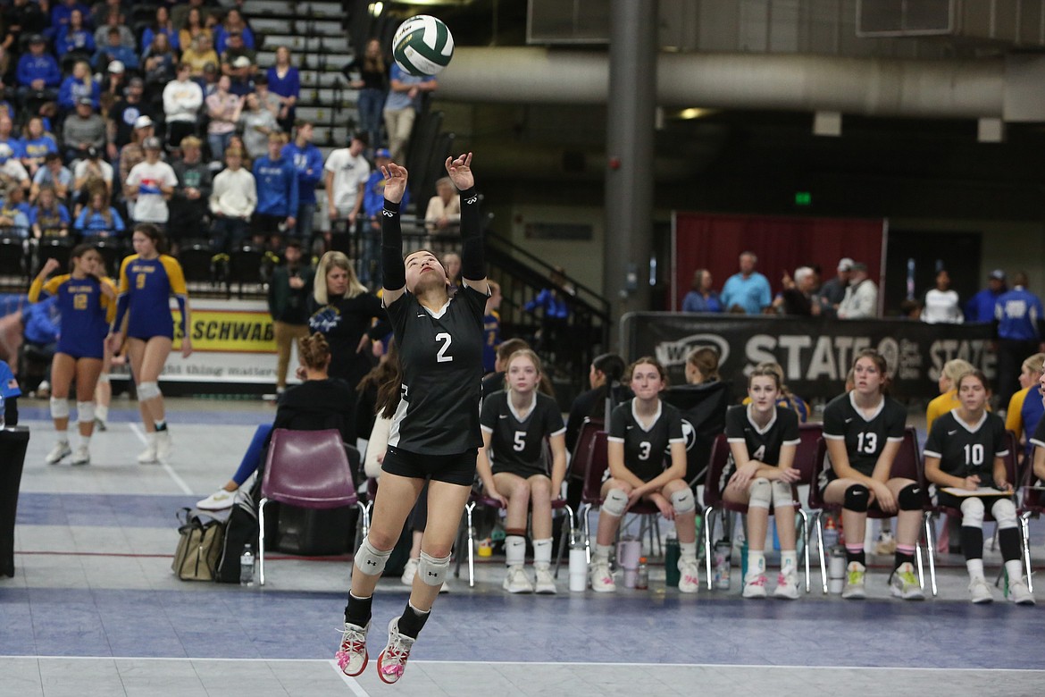 Almira/Coulee-Hartline senior Beth Okamoto sets the ball for a teammate against Mossyrock Thursday.