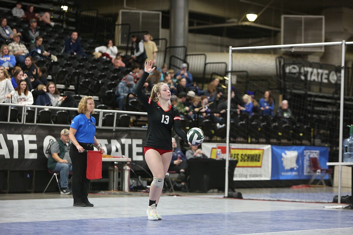 Lind-Ritzville/Sprague junior Madisyn Cameron serves the ball against Manson.