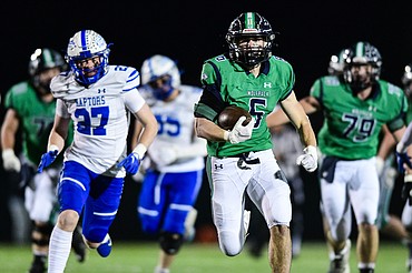 Glacier running back Kash Goicoechea (6) breaks free for a big run in the second quarter against Gallatin in the Class AA semifinals at Legends Stadium on Friday, Nov. 10. (Casey Kreider/Daily Inter Lake)