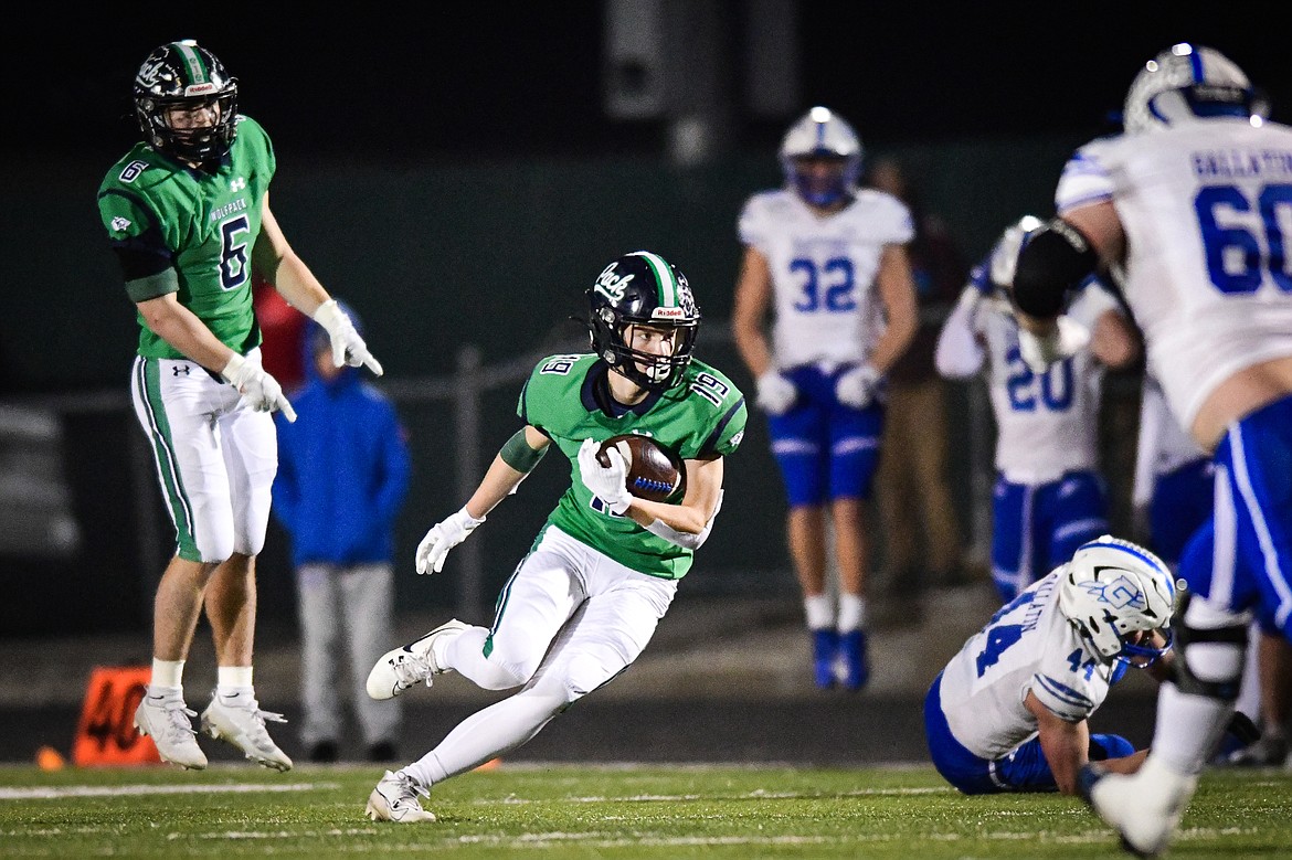 Glacier defensive back Easton Kauffman (19) intercepts a pass in the fourth quarter against Gallatin in the Class AA semifinals at Legends Stadium on Friday, Nov. 10. (Casey Kreider/Daily Inter Lake)