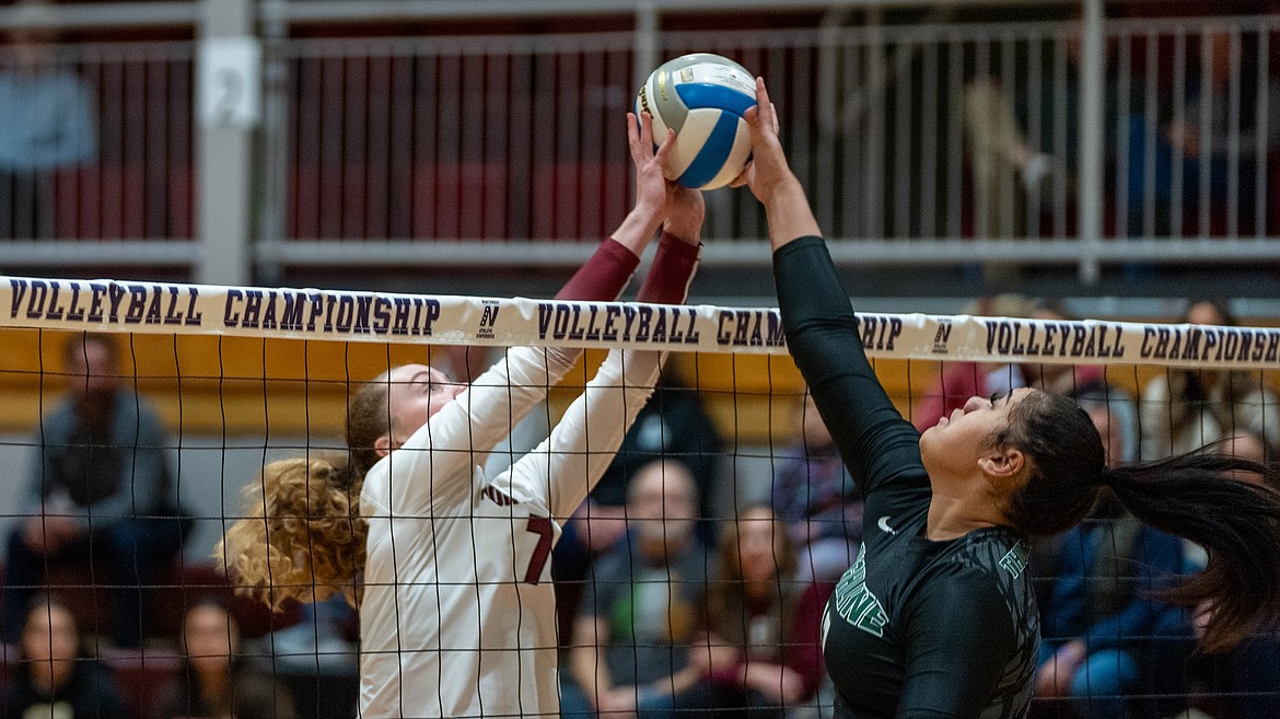 Photo by NIC ATHLETICS
North Idaho College's Abigail Beaton goes up for a block during Sunday's match against Highline at Christianson Gymnasium.