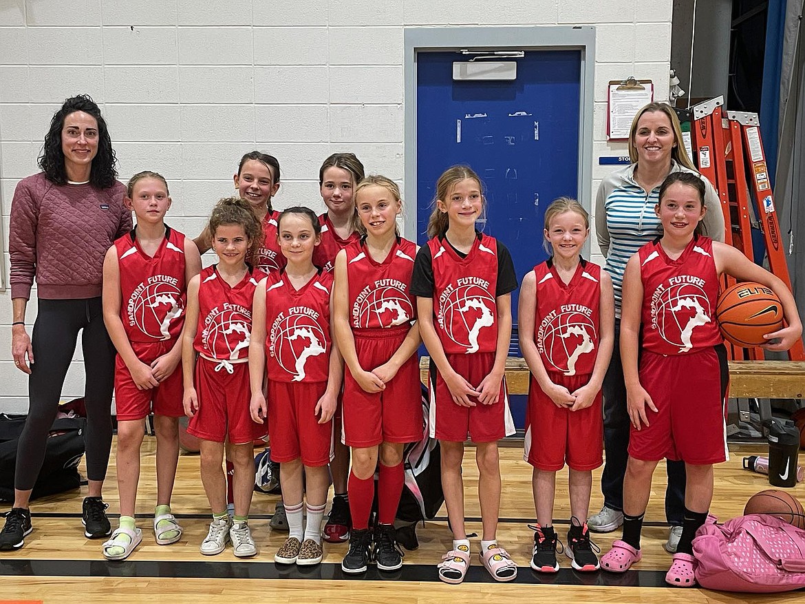 The Sandpoint Future fourth grade girls basketball team finished in second place at the River City Basketball Tournament. Team members include Adie Ducey, Harlow Laub, Annabelle Leonard, Millie Mahoney, Katie Mrashall, Presley Powell, Eva Savage, Katia Tadic, and Finley Williams. Coaches are Shanna Tadic and Shana Savage.