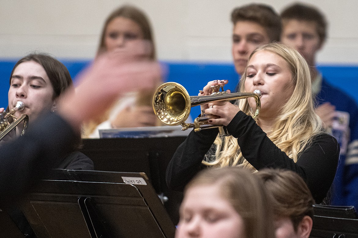 Hailey Thomas plays trumpet for the Veteran’s Day Assembly at Columbia Falls High School on Thursday, Nov. 9.