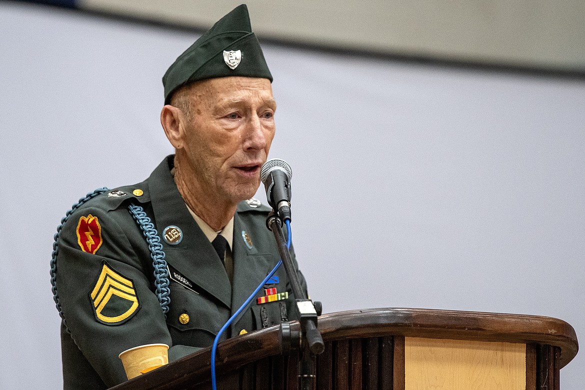 Gene Rodgers shares stories of his military service to Columbia Falls High School students during the Veterans Day Assembly Thursday, Nov. 9.