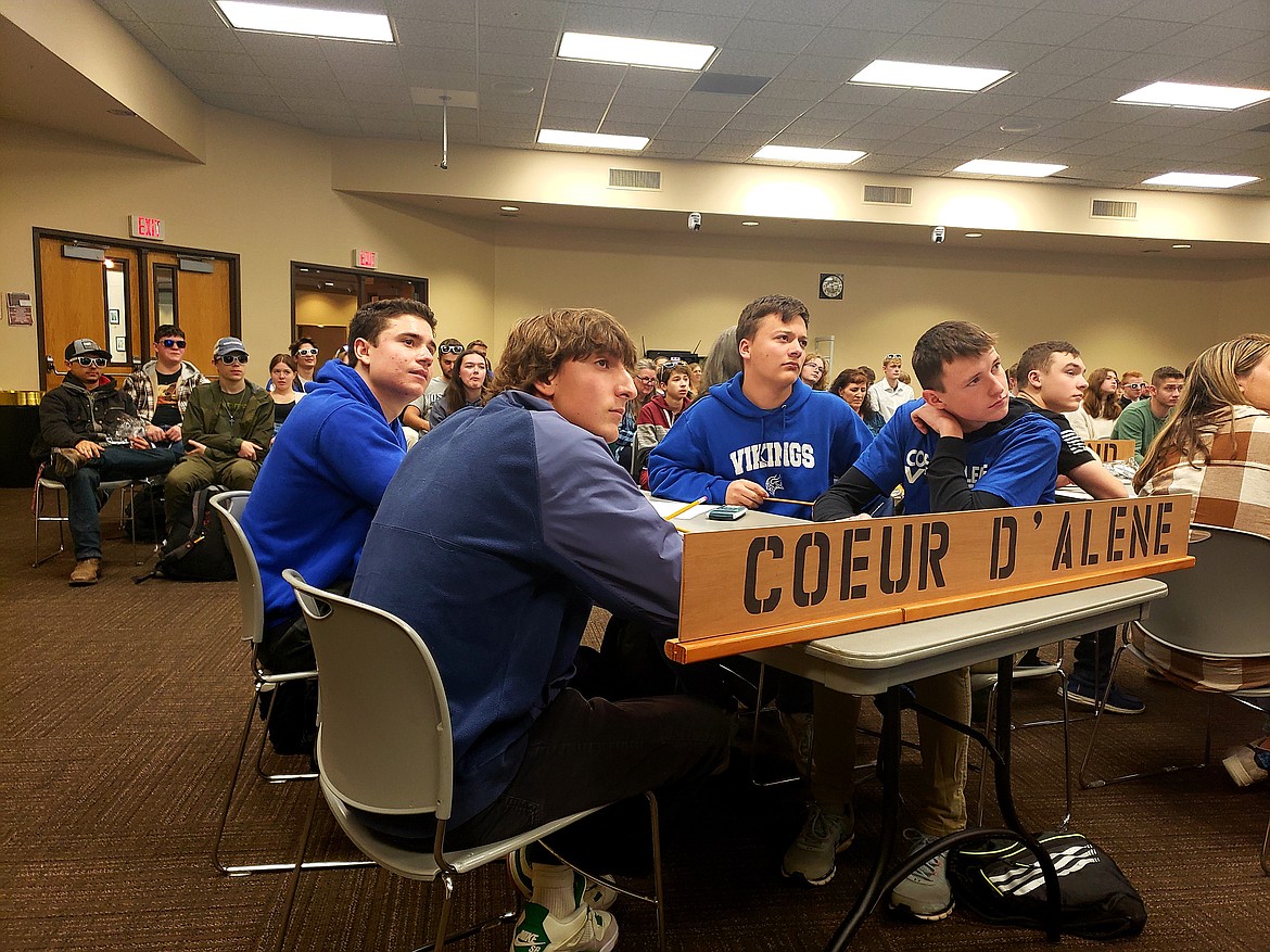 The Coeur d'Alene High School math team competes to win first place for Division 1 in the 40th annual Math Contest at North Idaho College. Clockwise from left, Jameson Dale, Andrew Mazzarella, Atlas Zastrow and Lukas Scarborough.