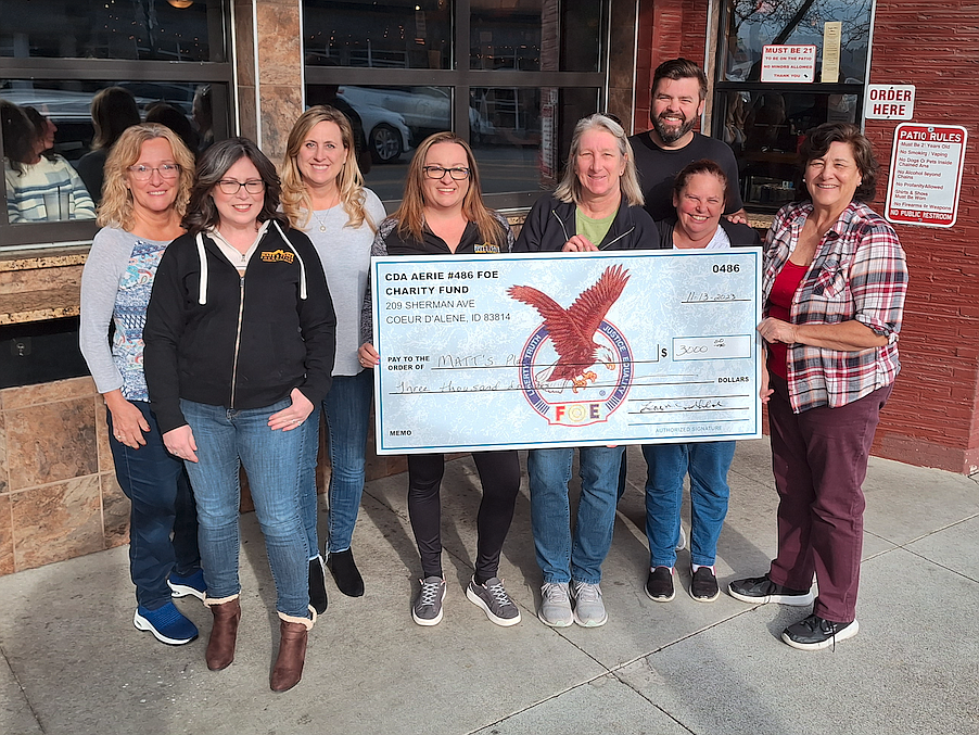 The Coeur d'Alene Eagles Aerie No. 486 recently donated $3,000 to Matt's Place Foundation after they partnered Oct. 18 for the Matt's Place Foundation Comedy Show. Proceeds will help patients with ALS (Lou Gehrig’s Disease). From left: Judy Brown, Eagles trustee; Christy Nelson, Matt’s Place board member; Robyn Miller, Matt’s Place board member; RaeAnne Capaul, Matt’s Place board member; Laura Sutherland, Coeur d'Alene Eagles Aerie president; Dustin Okon, past Coeur d'Alene Eagles Aerie president; Eleanora Capaul, Coeur d'Alene Eagles secretary; Penny Wright, Coeur d'Alene Eagles Auxiliary treasurer.