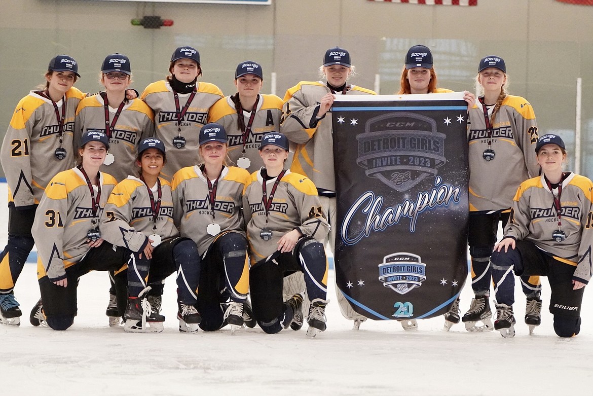 Courtesy photo
The Coeur d'Alene Lady Thunder won their third hockey tournament of the year last year, the 16U Jetspeed Division of the CCM Detroit Girls Invite. Jessica Bobiles of the Thunder was named Howie’s Hockey MVP. The Thunder lost in their opening game of the weekend, but allowed just four goals in four wins that brought them to the final, where they shut out Belle Tire of Michigan 5-0 to win the championship. In the front row from left are Samantha Taub, Remmy Kiltz, Danika Johnson, Jessica Bobiles and Brooklynn Gentz; and back row from left, Elsa Jehle, Norah Adoretti, Logan Greene, Brooklyn Ingram, Aubry Borchers, Ailey George and Charlie Groff. The Thunder is ranked among the top 10 16U girls teams in the nation. Their next competition will be at the Wickfest in Calgary over the Thanksgiving weekend.