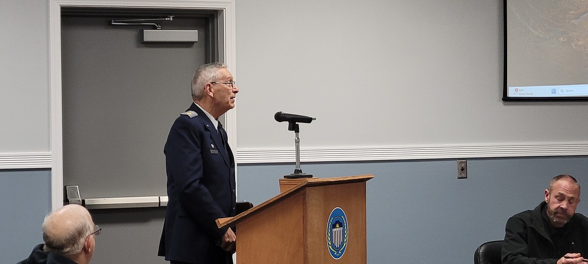 Major Jerome Bonneville, squadron commander for the Columbia Basin Composite Squadron of the Civil Air Patrol speaks at Wednesday evening’s Ephrata City Council meeting regarding the squadron’s Wreaths Across America program.