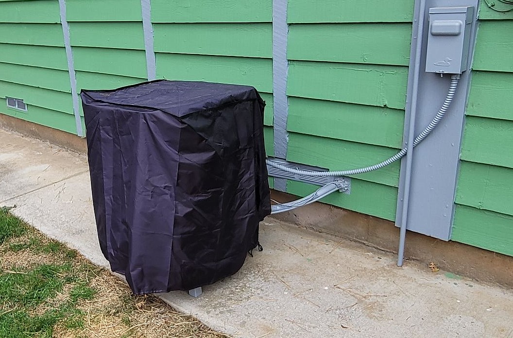 Air conditioners won’t be used much in the chilly winter months. Covering the outside unit with an inexpensive vinyl covering, like the one shown here, can keep debris from getting into the unit and prevent maintenance concerns in the spring. Covers such as this one sell for about $20-$40, depending on features and size.