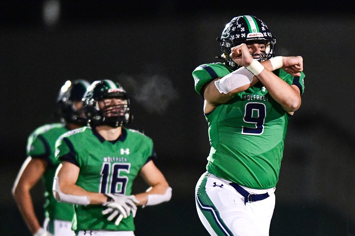 Glacier defensive lineman Isaac Keim (9) celebrates after stopping a fourth down run by Gallatin in the Class AA semifinals at Legends Stadium on Friday, Nov. 10. (Casey Kreider/Daily Inter Lake)