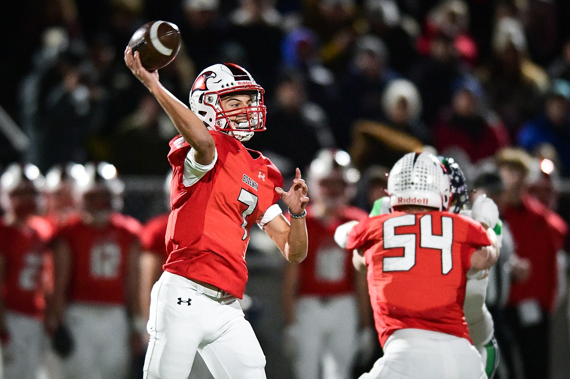 Bozeman quarterback Kellen Harrison (7) drops back to pass in the first half against Glacier in the Class AA state championship at Van Winkle Stadium on Friday, Nov. 17. (Casey Kreider/Daily Inter Lake)