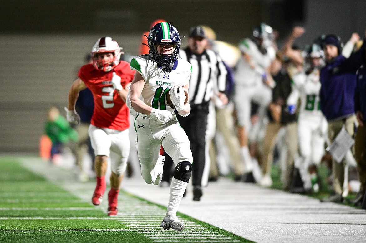 Glacier wide receiver Rhett Measure (11) scores a touchdown on a 76-yard reception in the fourth quarter against Bozeman in the Class AA state championship at Van Winkle Stadium on Friday, Nov. 17. (Casey Kreider/Daily Inter Lake)