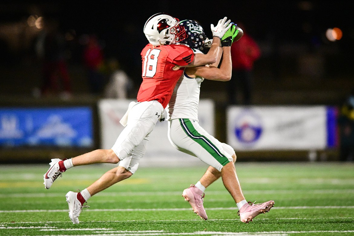 Glacier wide receiver Cohen Kastelitz (1) makes a reception in the third quarter against Bozeman in the Class AA state championship at Van Winkle Stadium on Friday, Nov. 17. (Casey Kreider/Daily Inter Lake)
