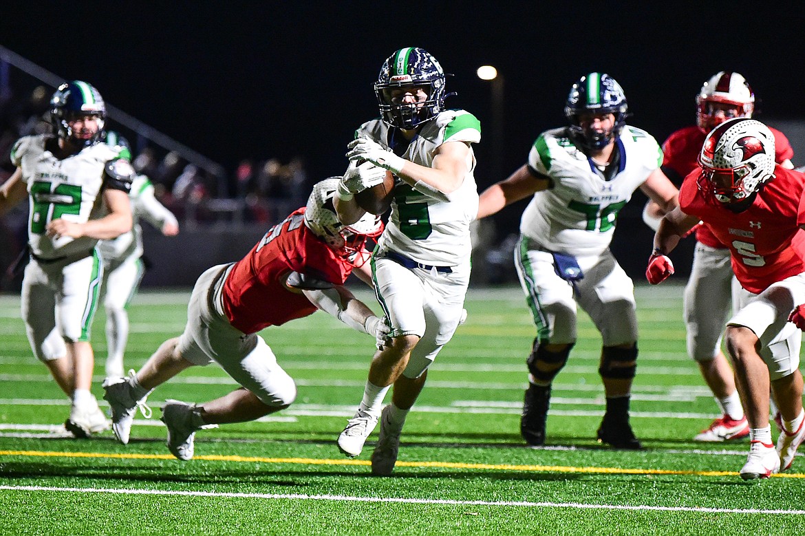 Glacier running back Kash Goicoechea (6) scores a touchdown on a run in the first quarter against Bozeman in the Class AA state championship at Van Winkle Stadium on Friday, Nov. 17. (Casey Kreider/Daily Inter Lake)