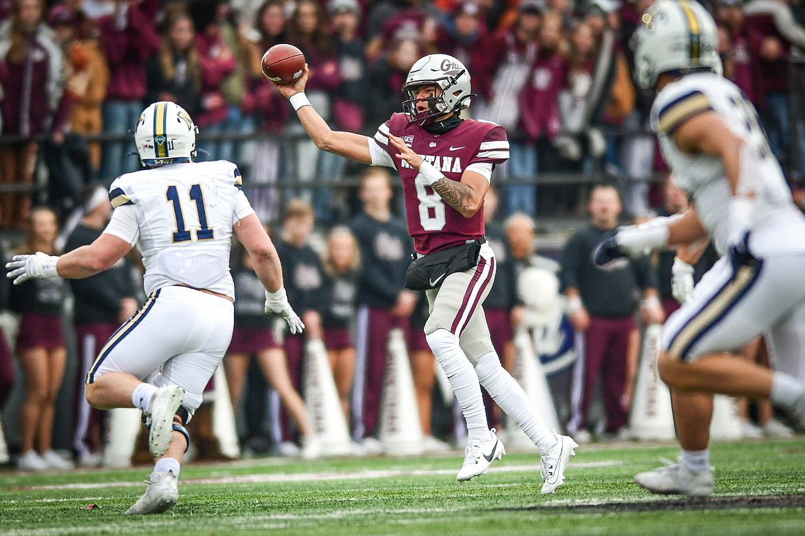 Grizzlies freshman quarterback Keali'i Ah Yat (8) throws during a drive in the second quarter against Montana State in the 122nd Brawl of the Wild at Washington-Grizzly Stadium on Saturday, Nov. 18. (Casey Kreider/Daily Inter Lake)