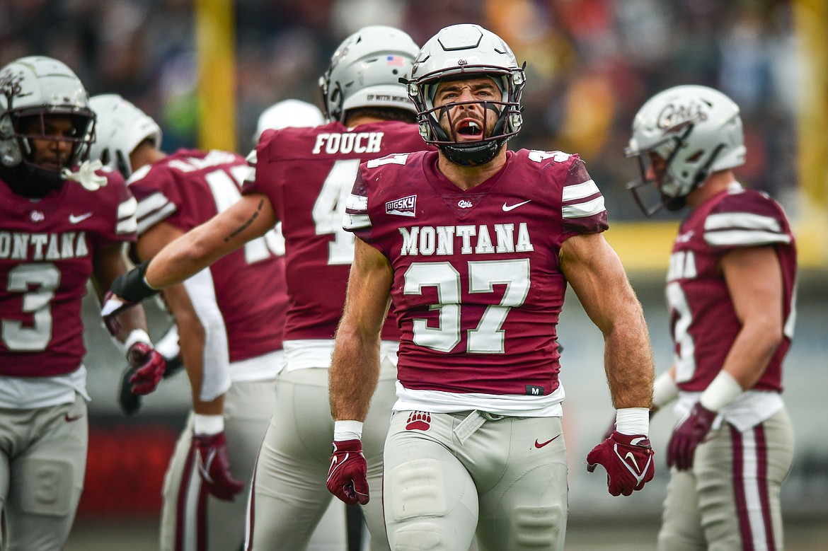 Grizzlies linebacker Levi Janacaro (37) celebrates after a stop in the first quarter against Montana State in the 122nd Brawl of the Wild at Washington-Grizzly Stadium on Saturday, Nov. 18. (Casey Kreider/Daily Inter Lake)