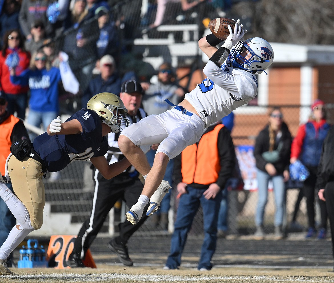 Columbia Falls' Lane Hoerner makes a catch against Dillon in the first half of the State A championship game in Dillon on Saturday, Nov. 18. (Chris Peterson/Hungry Horse News)