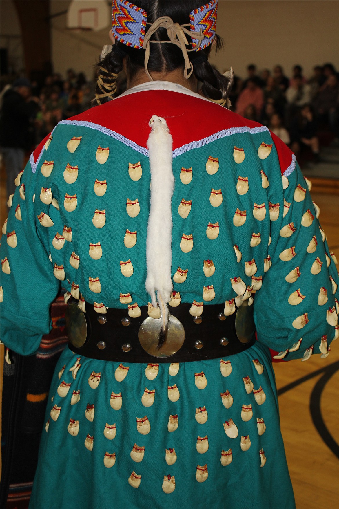 The Nkwusm Salish Language School from Arlee performs traditional dance and drumming in authentic Salish attire at Alberton School. (Photo provided)