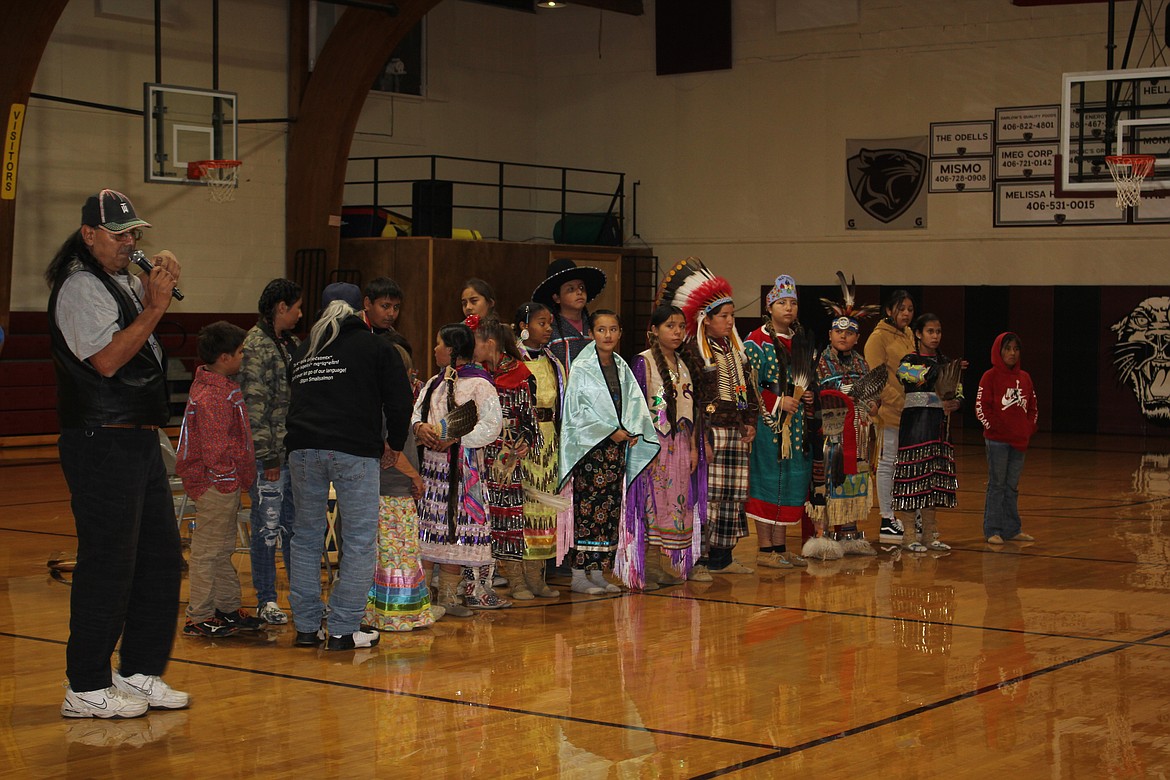 Traditional dancing and drumming were a large part of the exhibition from the Nkwusm Salish Language School for the students and administration of Alberton School. (Photo provided)