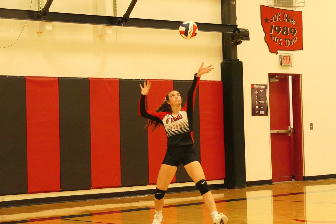 Hot Springs sophomore Kara Christensen serves against 14C foe Noxon during a volleyball match earlier this year. Christensen was named to the 14C All-conference first team last week. (Chuck Bandel/VP-MI)