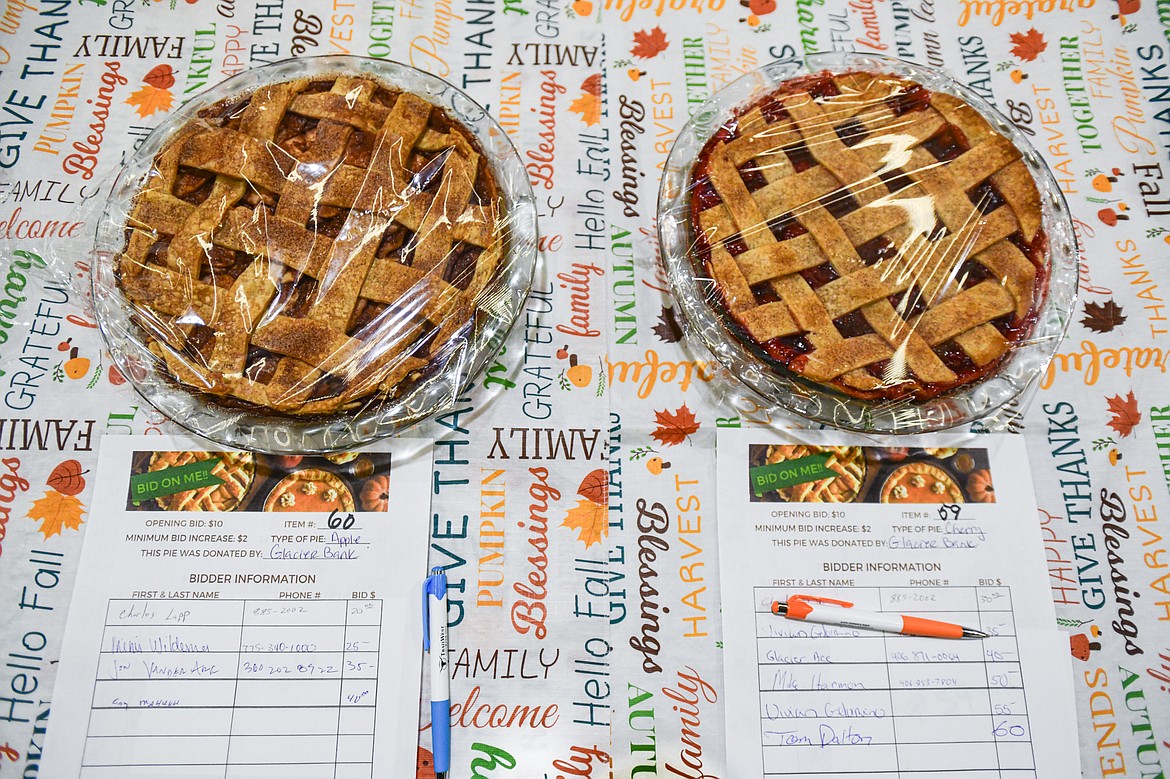 Apple and cherry pies donated by Glacier Bank for the silent auction at the annual Light Up Evergreen & Pie Auction at Glacier Ace Hardware on Tuesday, Nov. 21. (Casey Kreider/Daily Inter Lake)