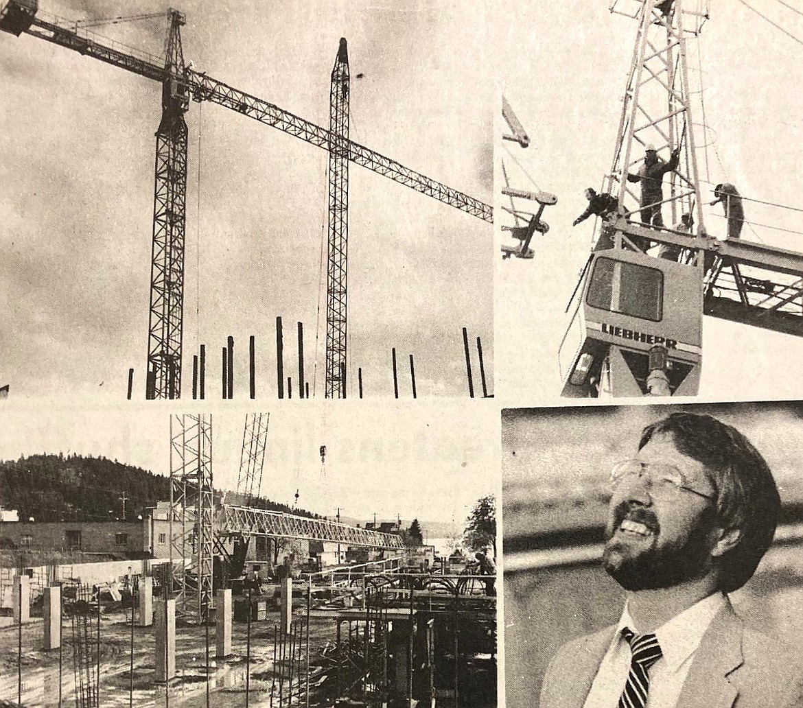 Dean Haagenson of Contractors Northwest, lower right, watches construction of Coeur d’Alene’s first high rise.