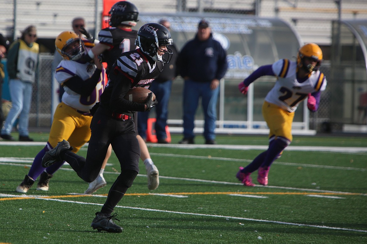 Almira/Coulee-Hartline sophomore Brady Roberts carries the ball against Concrete on Nov. 18.