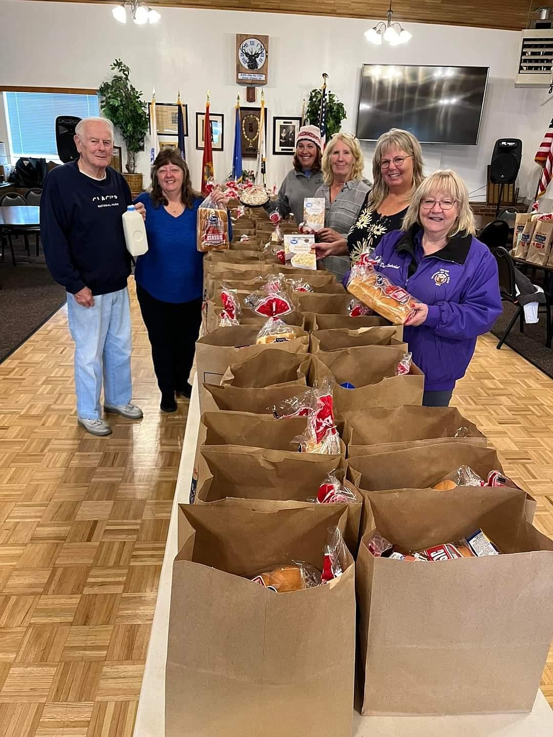 On Nov. 18, the Coeur d'Alene Elks No. 1254, in cooperation with Fostering Idaho, gave out complete Thanksgiving meals to 87 foster families in the area. From left: Dick Gardner, Rene Johnson, Erica Balch, Lisa Jasmin, coordinator Sandy Wessling and Debbi Nadrchal. Elks volunteers not pictured include Bob Shaw, Karen Magner and Cliff Shove.