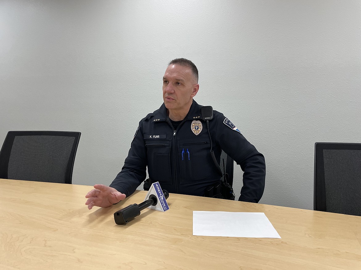 Moses Lake Police Chief Kevin Fuhr speaking at the Moses Lake School District offices on Monday following the arrest of an eighth-grader at Chief Moses Middle School in March. The student was arrested for possessing a handgun, two loaded magazines of ammunition and a list of potential targets. Fuhr has said preventing incidents like could have happened that day is vital to public safety.