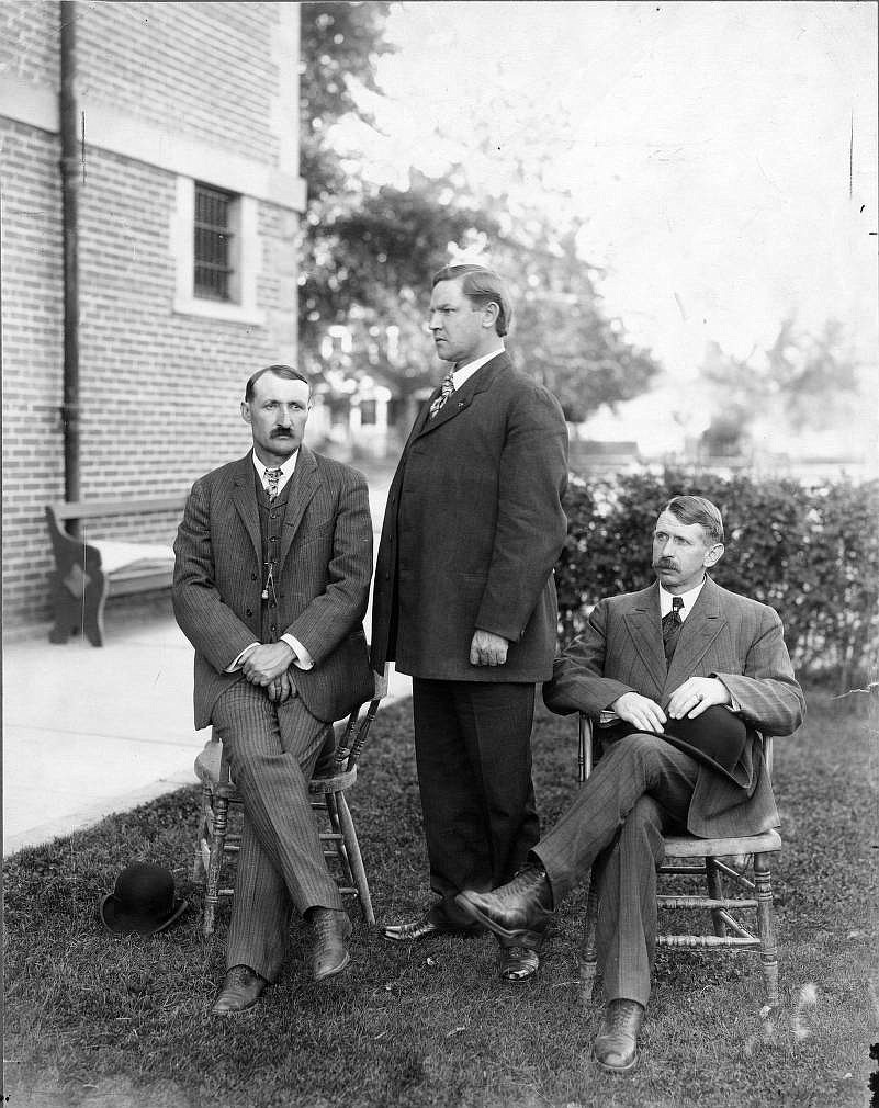 Tried for the murder of Gov. Steunenberg, from left: Charles Moyer,
Bill Haywood, and the union president George Pettibone. As a child Big Bill
sustained a disfiguring injury to his right eye. As a result, he would only allow a left profile photo.