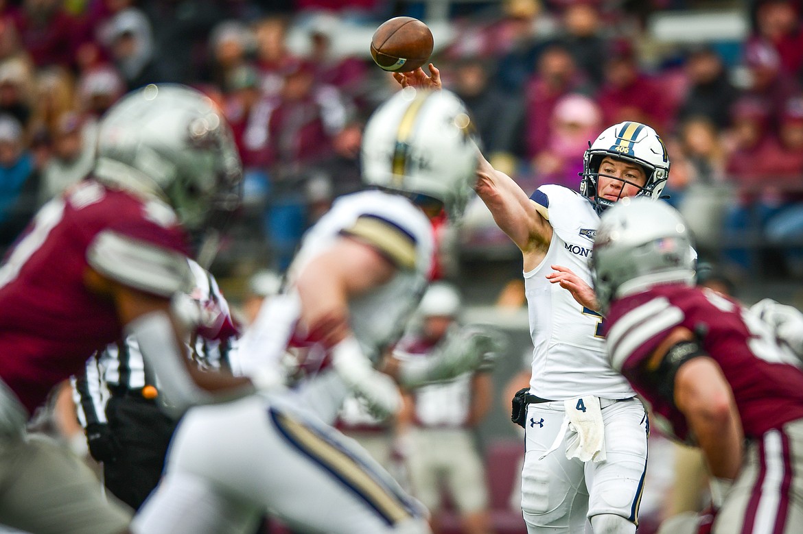Montana State quarterback Tommy Mellott (4) completes a 19-yard pass to Ty McCullouch (6) in the third quarter against Montana in the 122nd Brawl of the Wild at Washington-Grizzly Stadium on Saturday, Nov. 18. (Casey Kreider/Daily Inter Lake)