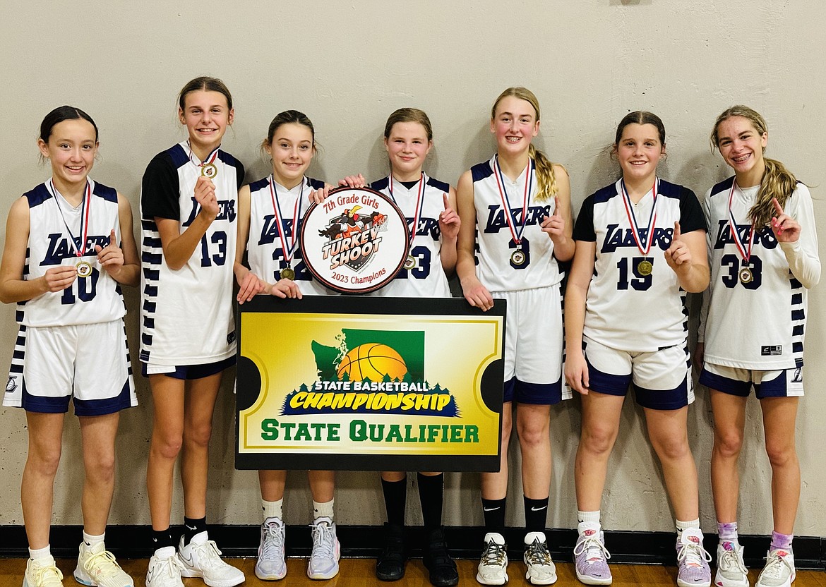 Courtesy photo
The Coeur d'Alene Lakers went 5-0 to win the seventh grade girls division in the 2023 Turkey Shoot basketball tournament at the Warehouse in Spokane, defeating Spokane Legacy in the championship game. From left are Gabriella Danial, Finley Pecht, Gretah Angle, Brynlee Johnston, Payton Brown, Savanna Stevens and Allie Jenkin.