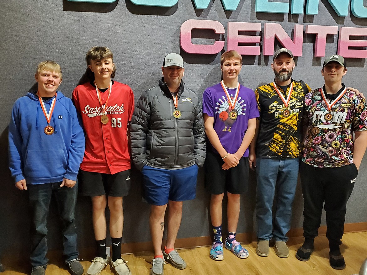 Courtesy photo
Sunset Bowling Center hosted its annual Youth/Adult Scotch Doubles Tournament on Saturday. In the Juniors division, first place was Jackson Hopper/Jeremy Geurin, 1750; second place was Josh Loper Jr./Josh Loper Sr., 1640; and third place was Nathan Beardsall/Caleb Kearl 1639. From left are Caleb Kearl, Nathan Beardsall, Jeremy Geurin, Jackson Hopper, Josh Loper Sr. and Josh Loper Jr.