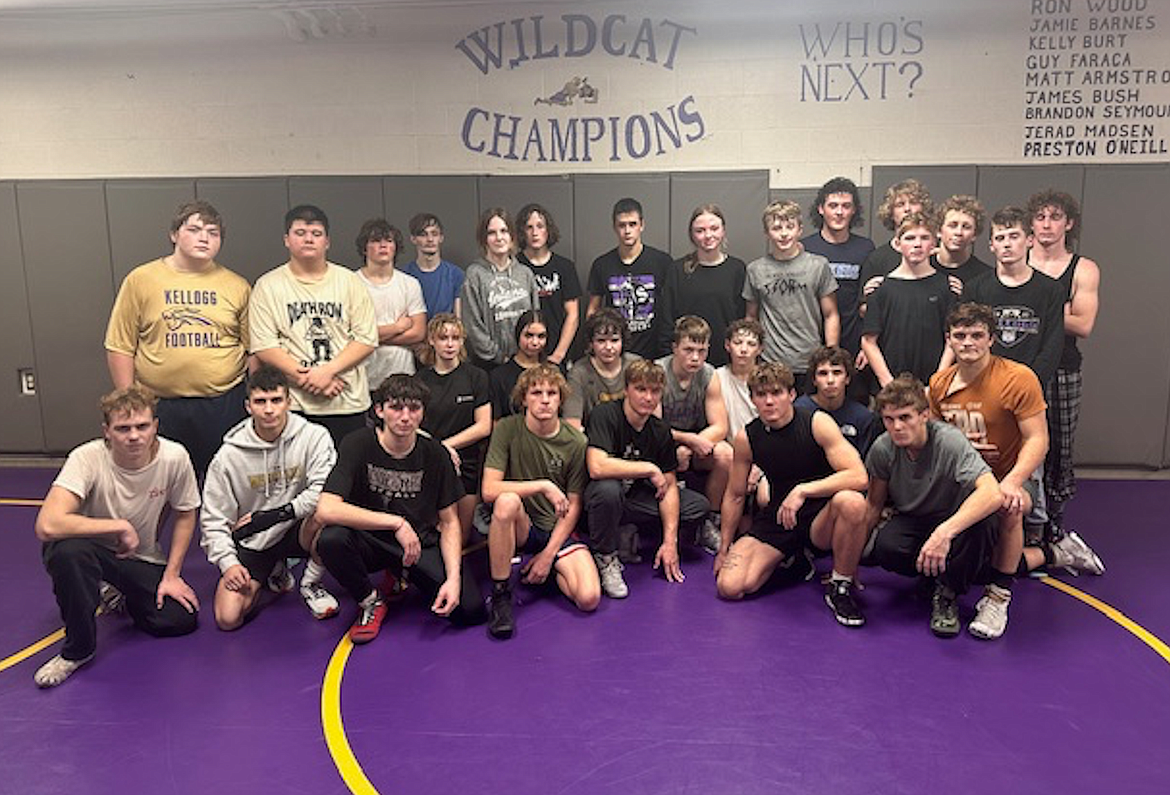 The Kellogg High School wrestling team pictured from left (back row): Braden Hayes, Chase Morden, Maddison White, Jayce Haynes, Kolby Lemmon, Izzy Davis, Chase Scribner, Travis Eixenberger, Ramsey Rainio, Dalton Coburn and Jacob Dorn. Middle row: Russell Fields, Kyle VanVleet, Zoie Lawson, Bella Sample, Trevor McNearney, Josiah Miller, Kevin Watson, Colton Storey, Johnny Stovern (standing) and Aiden Figueroa. Front row: Kolter Wood, Ricky Haralson, Tanner Williams, Landyn Rollins, Jaeger Hall, Brady Vergobbi, Wyatt Storey and Andrew Lewis.
