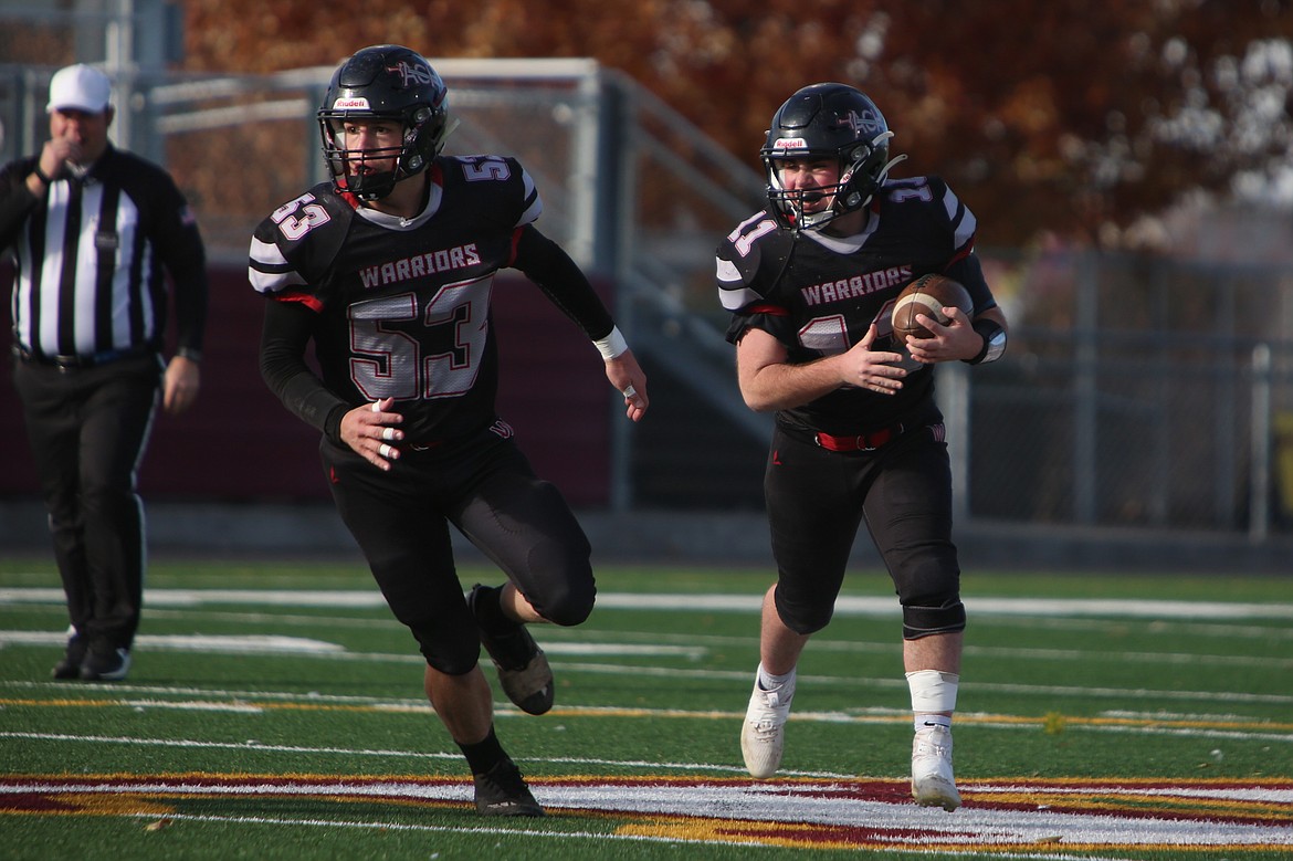 Almira/Coulee-Hartline senior John Pierce (53) and Carter Pitts (11) both received first-team all-league honors this fall.