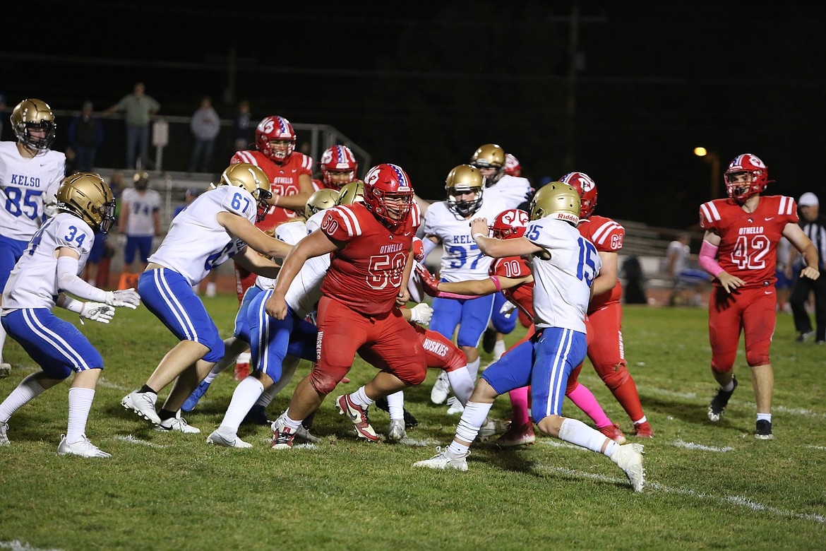 Othello junior Mason Perez (50) was the Central Washington Athletic Conference’s Defensive Player of the Year this fall.