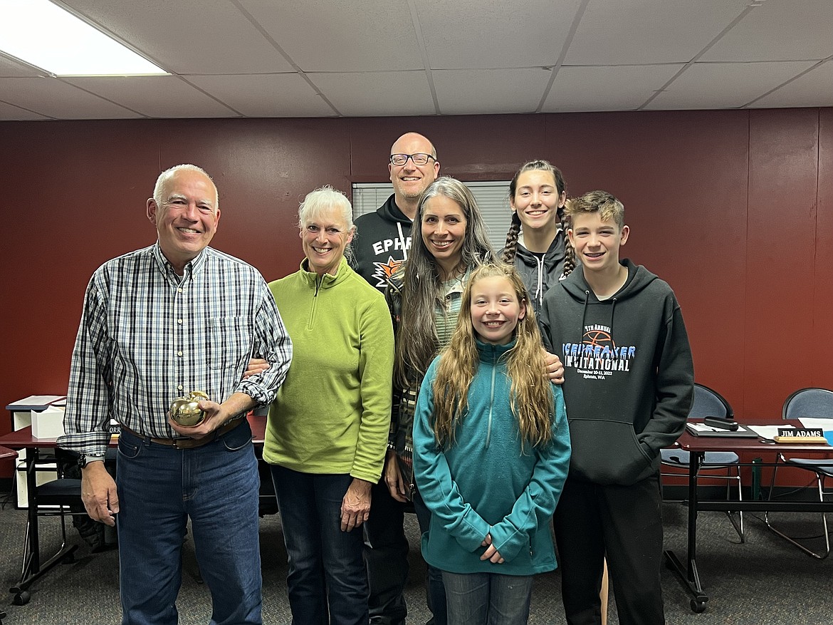 From left to right: Bill and Debbie Correll with their family (Tobin, Tammie, Evangeline, Ransom and Viviene Springs) during Monday’s Ephrata School Board meeting. Bill Correll has served the district for nearly four decades.