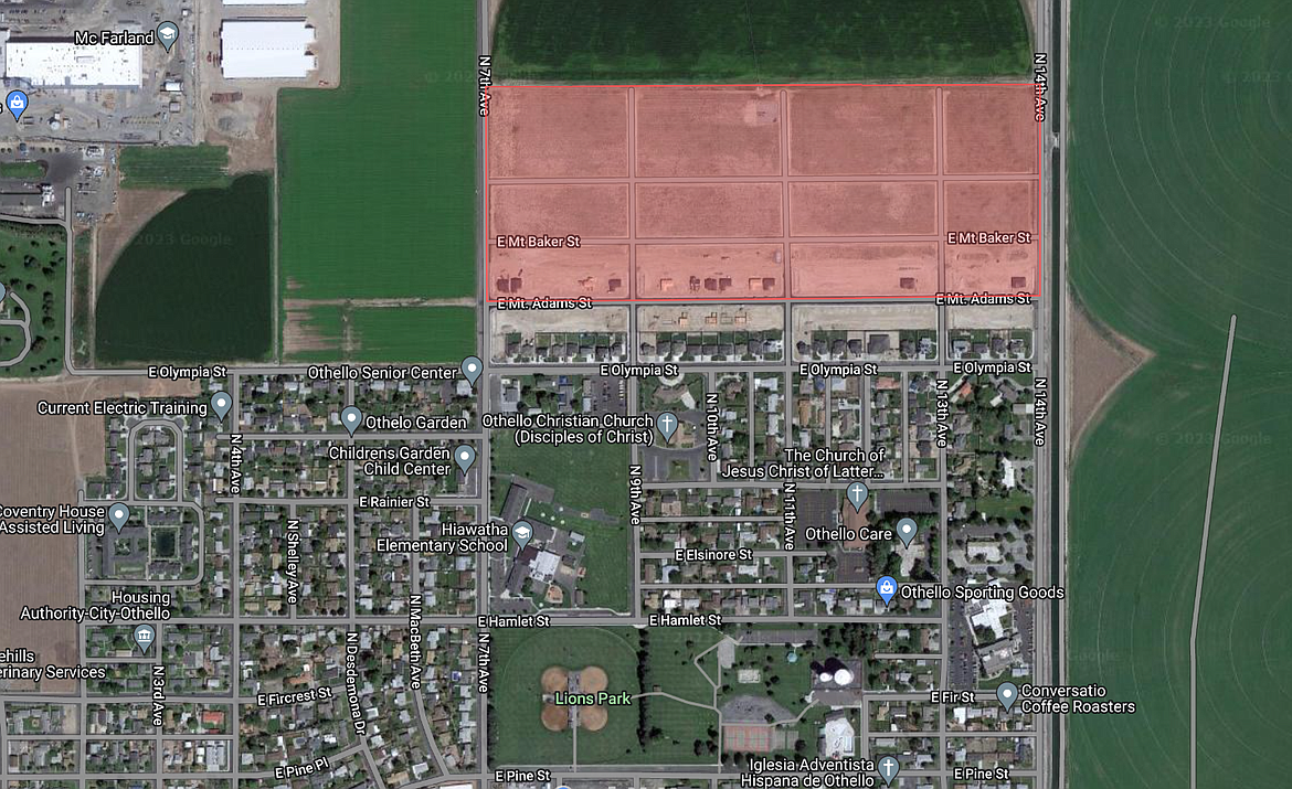 A map of the north edge of Othello shows the portion of land added to the Multi-Family Tax Exemption program during Monday’s Othello City Council meeting, highlighted in red. The program provides 12 years of property tax exemption based on specific criteria.