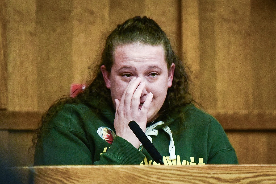 Matthew Hurley's sister, Lexi Jessop, reads a statement during the sentencing hearing for Jonathan Douglas Shaw in Flathead County District Court in Kalispell on Thursday, Nov. 30. (Casey Kreider/Daily Inter Lake)