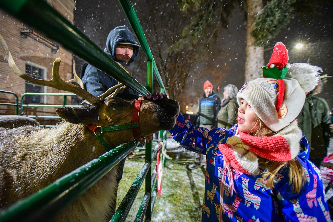 A young girl pets a reindeer outside Johnson Funeral Home during the Downtown Kalispell Holiday Stroll and Tree Lighting on Friday, Dec. 1. (Casey Kreider/Daily Inter Lake)