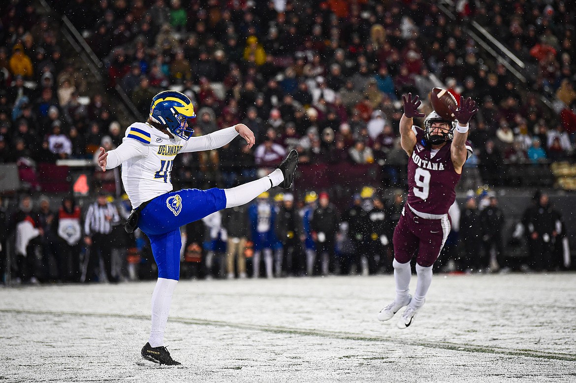 Grizzlies defender Sawyer Racanelli (9) blocks a punt in the first quarter against Delaware on Saturday, Dec. 2. (Casey Kreider/Daily Inter Lake)