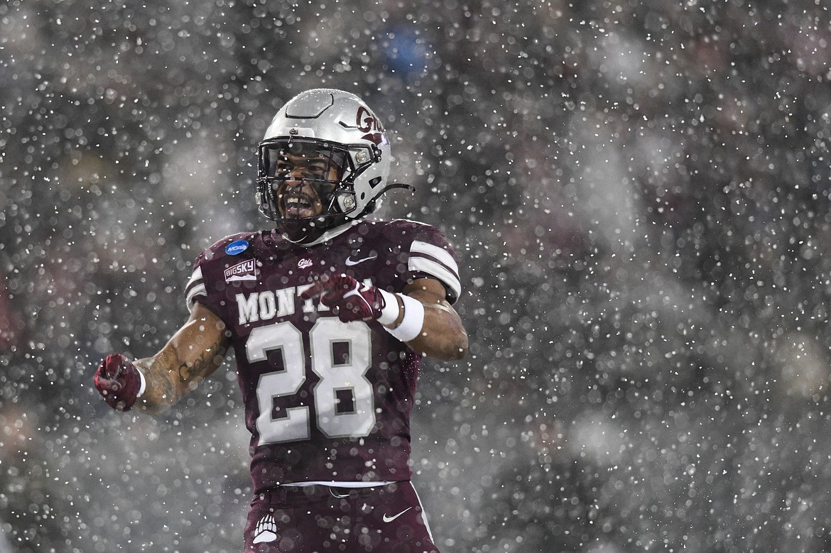 Grizzlies defender Isiah Childs (28) celebrates after a stop on a Delaware kick return in the first half on Saturday, Dec. 2. (Casey Kreider/Daily Inter Lake)