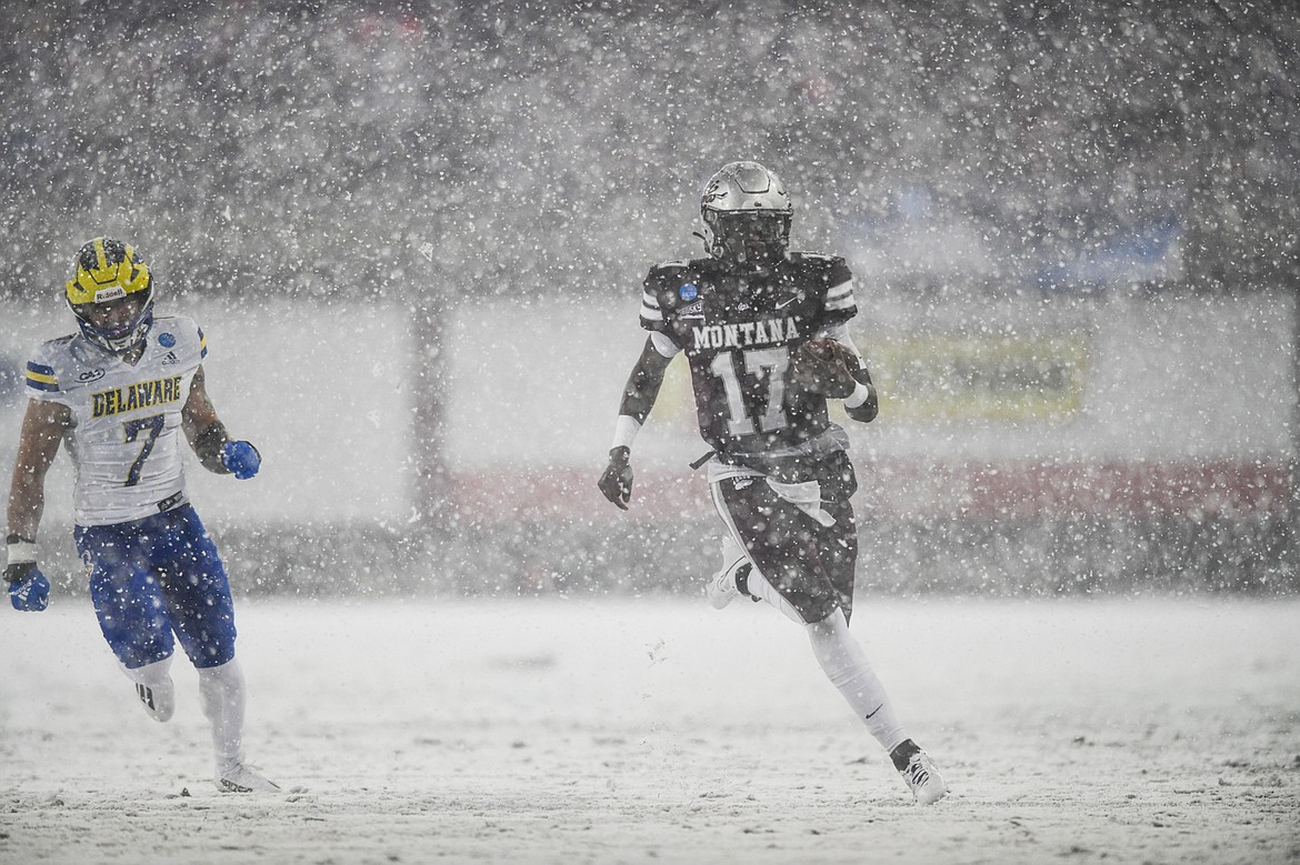 Grizzlies quarterback Clifton McDowell (17) picks up yardage on a run in the second quarter against Delaware on Saturday, Dec. 2. (Casey Kreider/Daily Inter Lake)